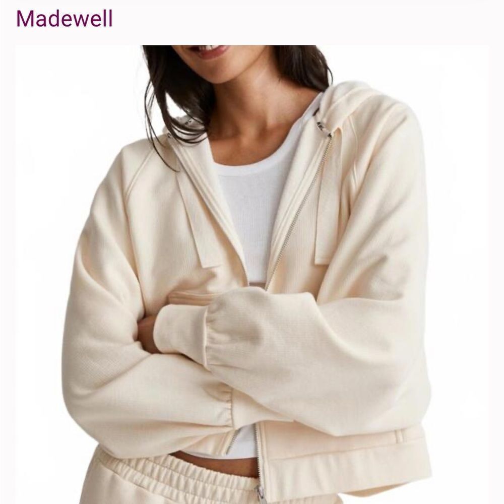Madewell Antique Cream Ribbed Cocoon Hooded Zip Up Sweatshirt